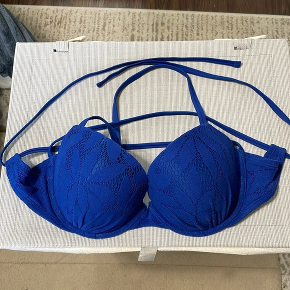 aerie Other - Aerie Swim Bikini Top 34DD Crochet Brooke Halter Push Up Underwire Royal Blue